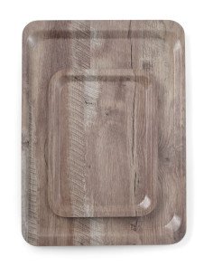 Serving tray with melamine laminate, non slip, with wood design