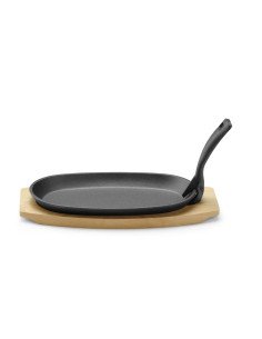 Plat en fonte avec dessous en bois et pince