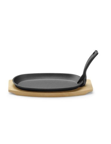 Plat en fonte avec dessous en bois et pince