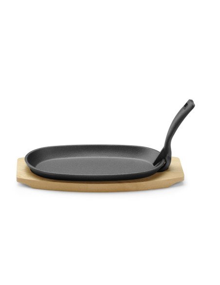 Plat en fonte avec dessous en bois et pince